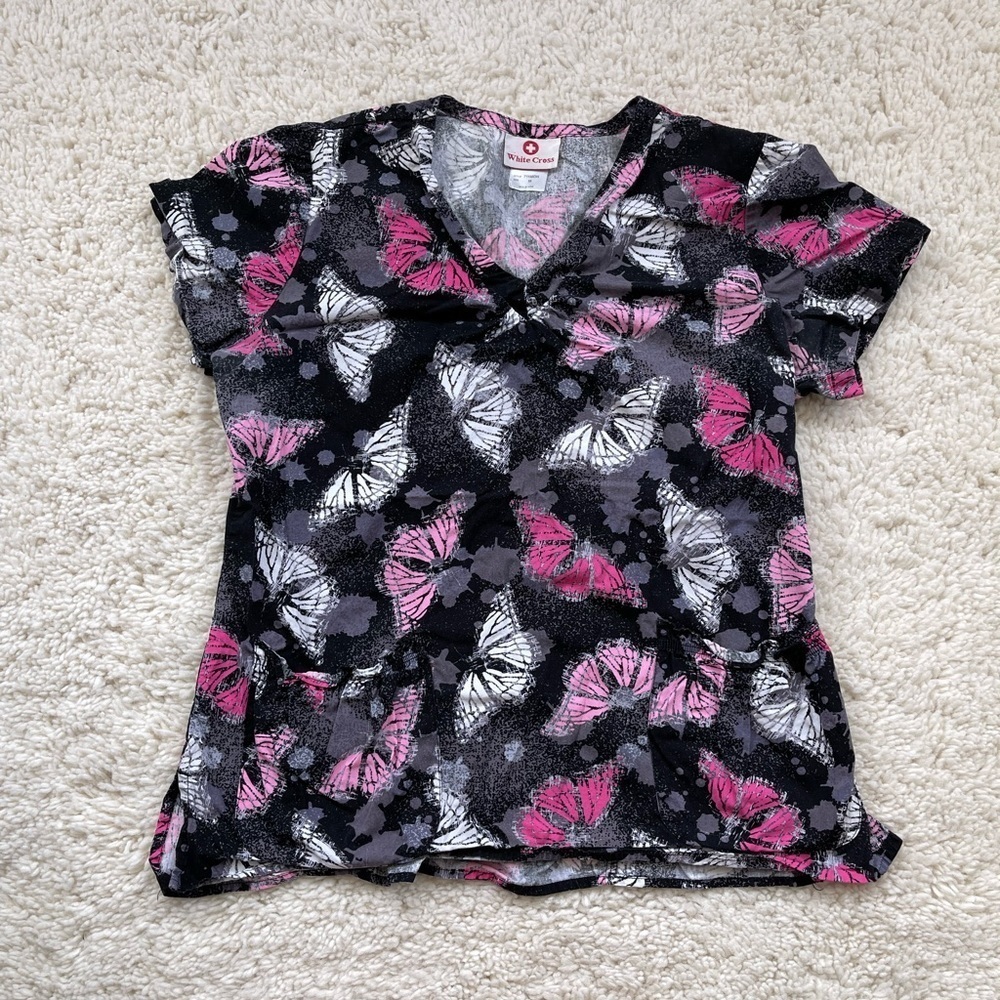 White Cross Butterfly Print Scrub Top | Size Medium
